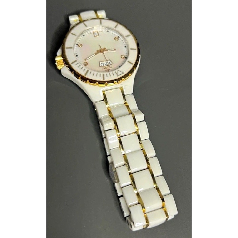 Oniss Ceramic White/Gold Quartz Analog Dress Watch Day-Date 30m Watch